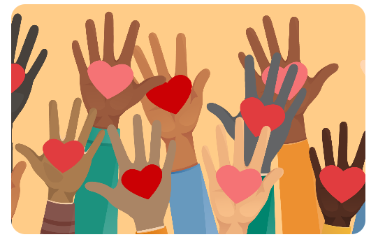 A diverse group of hands being raised with hearts in the palms