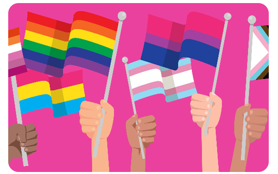 Group of arms raising pride flags