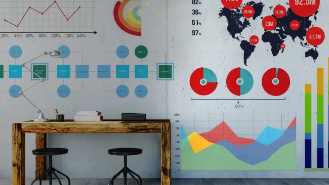 Work desk in front of wall with printed charts and graphs