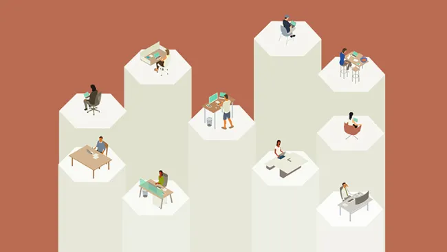 An illustration of people working at desks and on laptops on top of different silos