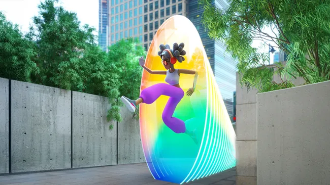 Illustration of a young woman jumping through a portal in the middle of a city sidewalk