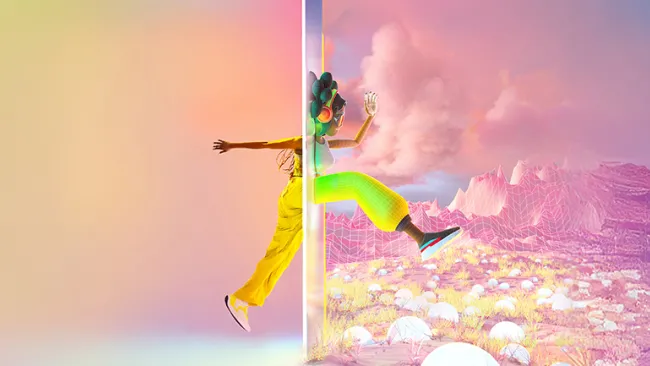 Illustration of a woman jumping through a wall, from a realistic/photographic image changing into a cartoon-like image