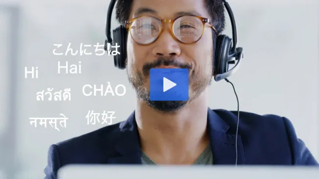 Associate wearing a headset with Hi! written in multiple languages