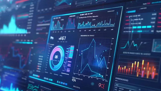 Close-up of a computer screen filled with charts and graphs