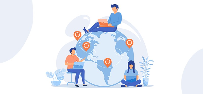 Illustration of three workers using laptops surrounding a globe