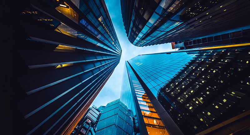 View of skyscrapers, looking up from the ground level