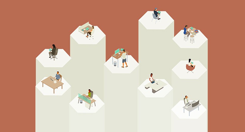 An illustration of people working at desks and on laptops on top of different silos