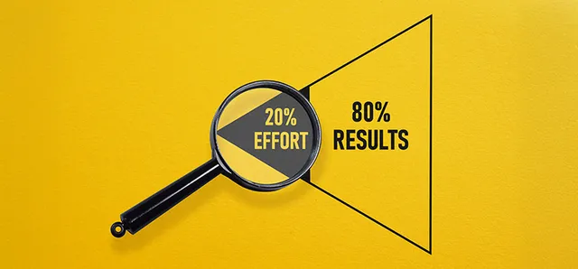 Image of a magnifying glass with the text "20% efforts, 80% results"